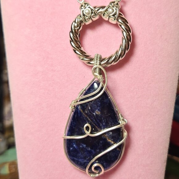 Hand Crafted Jewelry - HAND CRAFTED Wire Wrapped Sodalite Pendant on Swaps Silver Tarnish Res Necklace